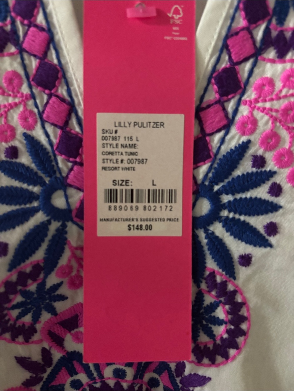 Lilly Pulitzer White Tunic with Pink & Navy Embroidery - Picture 2 of 2